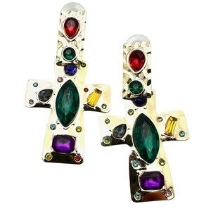 Multicolor Crystal Cross Gold Tone Earrings Pierced New Chandelier 3 Inch New